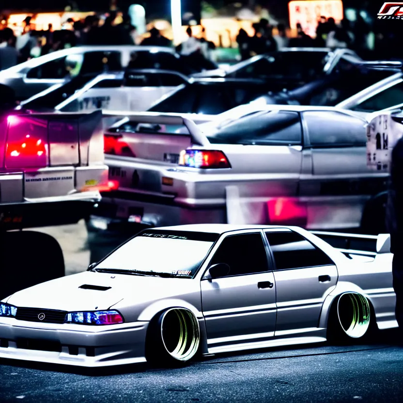 Image similar to a car JZX100 twin turbo drift at illegal car meet, Shibuya prefecture, city midnight mist lights, cinematic lighting, photorealistic, detailed alloy wheels, highly detailed