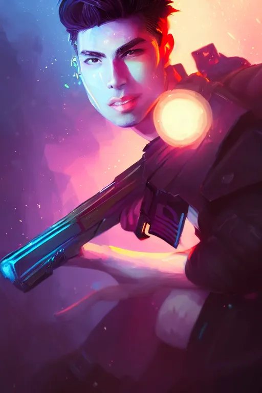 Prompt: a handsome young warrior with a gun in his hand, blurred environment background, colorful magic effects, white skin, portrait, male, clothed, sharp focus, digital art, concept art, trending on artstation, dynamic lighting, by emylie boivin and rossdraws