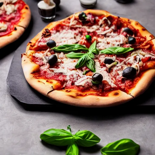 Prompt: delicious italian style woodfired pizza , 8k , mega high quality , professional food photography , award winning photo , foodporn