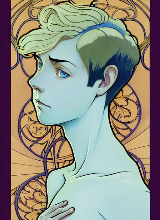 Prompt: art nouveau portrait of a pretty young man with short blond hair, light blue eyes, sad expression, scared, head down, shy and demure, natural lighting, path traced, highly detailed, high quality, cartoon, digital painting, by don bluth and ross tran and studio ghibli and alphonse mucha