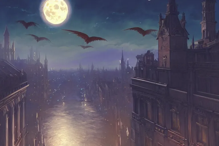 Image similar to a winged monster in the sky above a victorian city, scene in the night. full moon, 1 8 9 0, key visual, conceptart, ambient lighting, highly detailed, digital painting, artstation, concept art, sharp focus, by makoto shinkai and akihiko yoshida and greg manchess