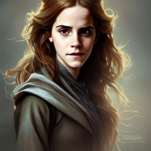 Image similar to Emma Watson as Hermione Granger. Happy. Cheerful. Western. Closeup. Fantasy. Intricate Elegant. Highly detailed. Digital painting. Artstation. Concept art. Matte. Sharp focus. Illustration. Art by Artgerm and Greg Rutkowski and Alphonse Mucha