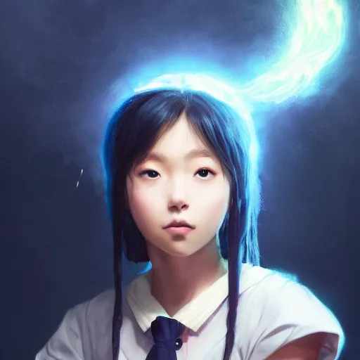 Image similar to a potrait of Nakamura Aya as mystical schoolgirl in fire witch by Greg Rutkowski, Sung Choi, Mitchell Mohrhauser, Maciej Kuciara, Johnson Ting, Maxim Verehin, Peter Konig, 8k photorealistic, cinematic lighting, HD, high details, dramatic, trending on artstation, full body shot