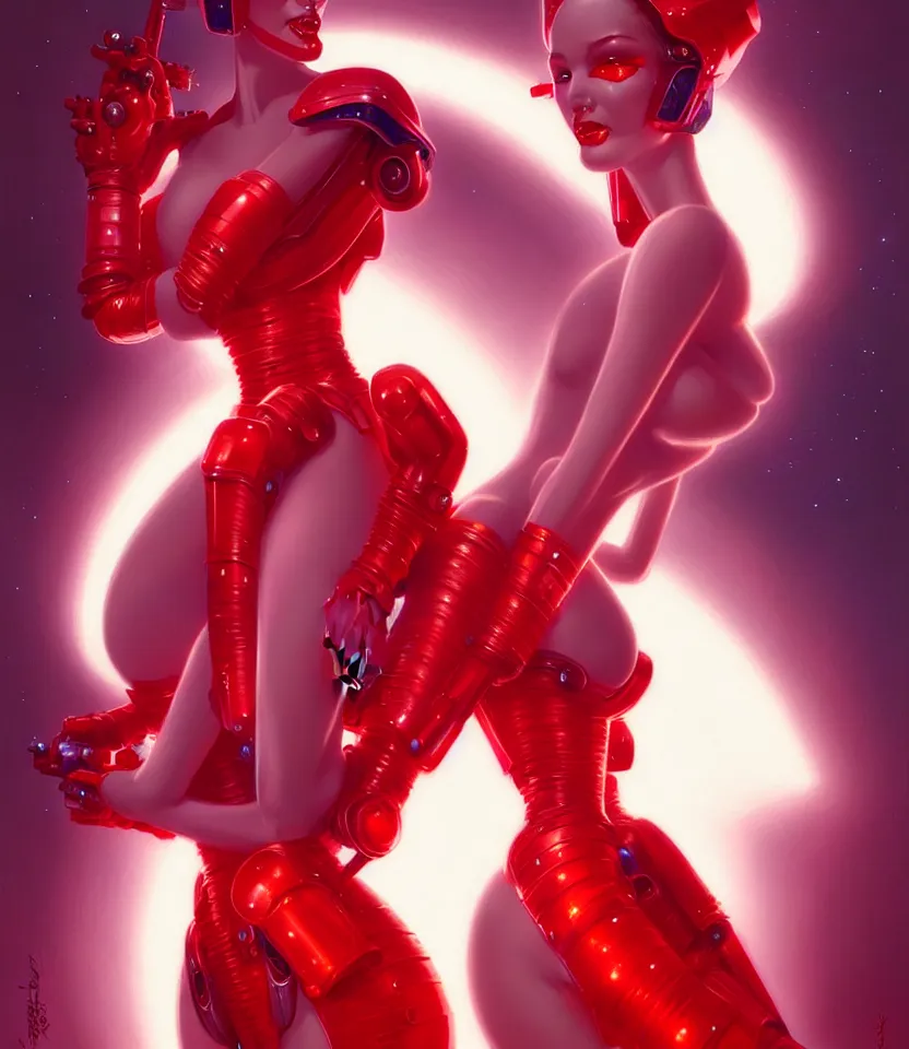 Image similar to beautiful fantasy woman android with bright lipstick wearing glowing red dress with white fur, seductive pose, futuristic, ultra realistic, dramatic lighting, robots, highly detailed by peter mohrbacher, hajime sorayama, wayne barlowe, boris vallejo, aaron horkey, gaston bussiere, craig mullins