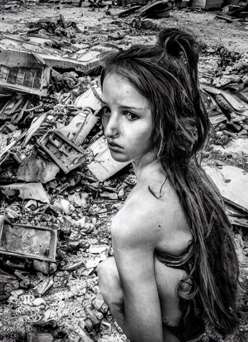 Image similar to award winning photograph of an young woman amongst rubble, sad face, dirt, dreamlike, low contrast, beatuful composition, 4k