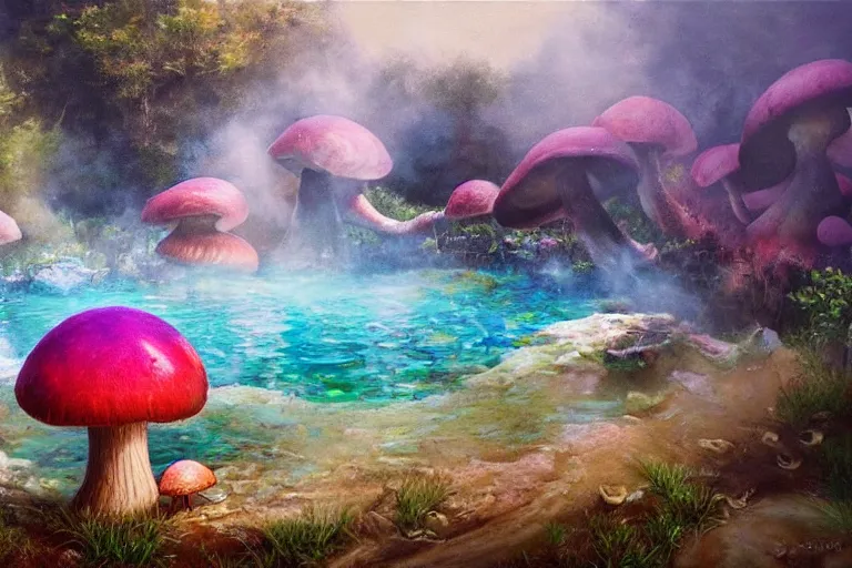 Prompt: highly detailed oil painting of a dinosaur ( ( mushroom ) ) in a steaming colorful hotspring, featured on artstation