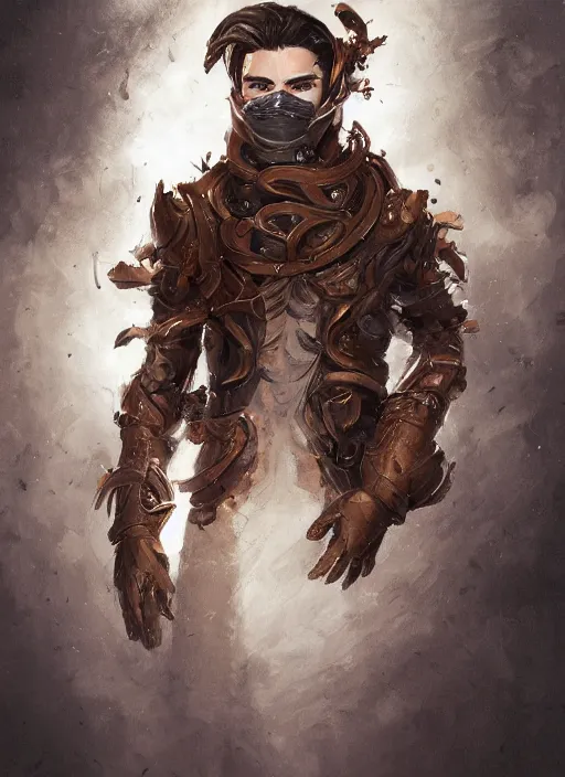 Image similar to a highly detailed illustration of thick wavy brown haired young white guy wearing brown coat and wearing face mask with many mechanical arms on his back, dramatic hands in pocket standing pose, intricate, elegant, highly detailed, centered, digital painting, artstation, concept art, smooth, sharp focus, league of legends concept art, WLOP