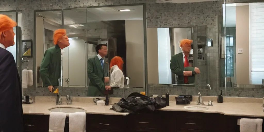 Image similar to ultra wide angle photo of donald trump dressed in a green flannel shirt and black dress pants as clark kent looking at himself in a bathroom mirror and seeing his reflection dressed as an orange skinned oompa loompa