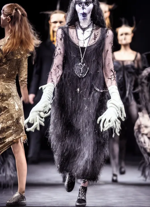 Image similar to hyperrealistic and heavy detailed yves saint laurent runway show of the addams family, leica sl 2 5 0 mm, vivid color, high quality, high textured, real life, noise film photo