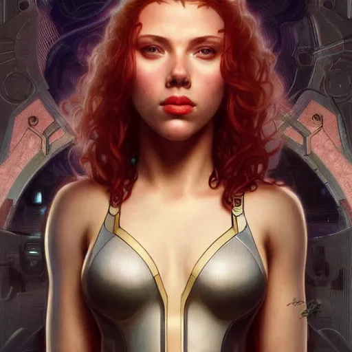 Image similar to young Scarlett Johansson cyborg from another dimension, cinematic lighting, intricate, elegant, highly detailed, digital painting, artstation, sharp focus, illustration, art by artgerm and greg rutkowski and alphonse mucha and Wayne Barlowe and william-adolphe bouguereau