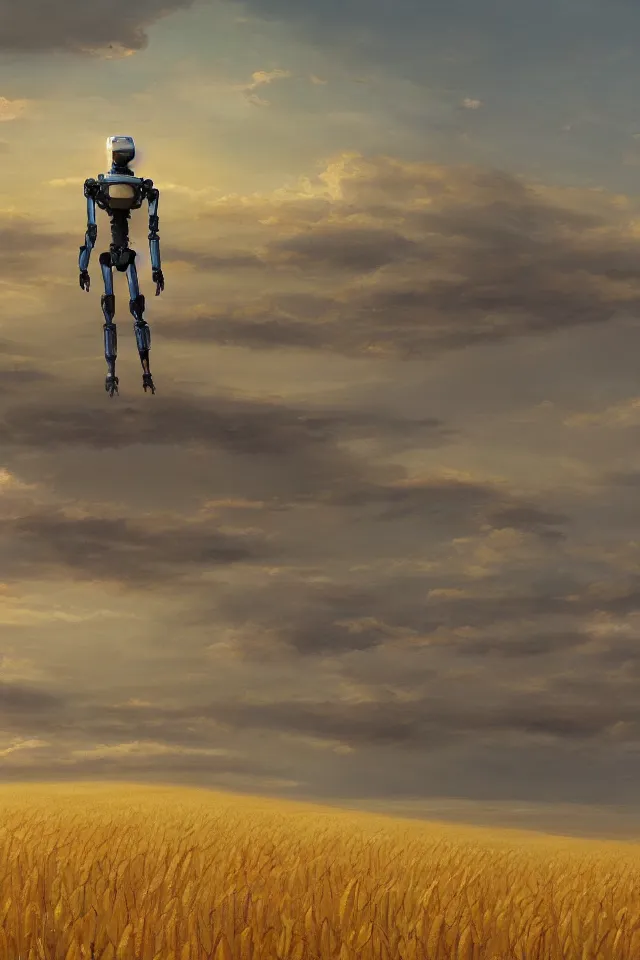 Prompt: concept art of the back view of one humanoid robot on the ground, vast wheat fields, many distant big tall buildings far away, by Noah Bradley, godrays, atmospheric, cinematic, distant world, wide angle, detailed