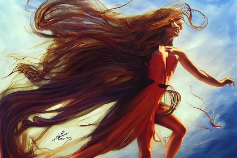 Prompt: a dancer with swirling hair is in the wind by julie bell, trending on artstation