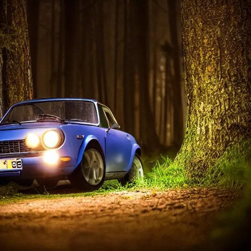 Prompt: fiat 1 2 4 in the dark forest, night, headlights are on, professional photography