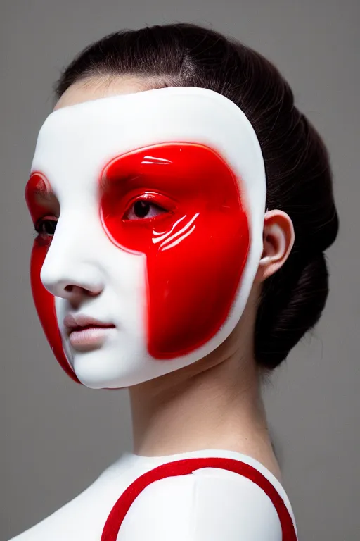 Image similar to symmetrical portrait of a woman wearing a red embroidered translucent silicone mask and black frizzy hair buns, wearing a white bodysuit, white background, soft diffused light, biotechnology, futuristic aesthetic, translucent, ethereal, intricate details, highly detailed, masterpiece,