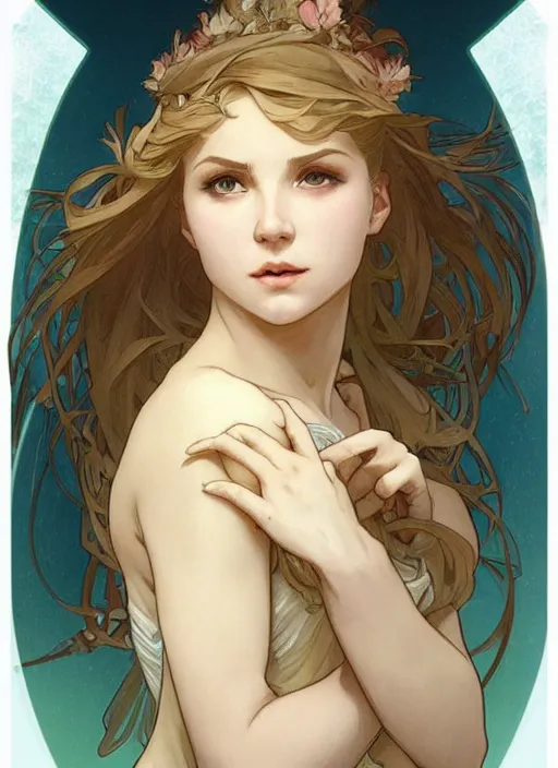 Prompt: digital character concept art by artgerm and greg rutkowski and alphonse mucha. clear portrait of a modestly clothed young wife blessed by god to uncontrollably become overwhelmingly perfect!! blonde, obviously full - figured holy body!! light effect. hyper detailed, glowing lights!! intricate, elegant, digital painting, artstation, smooth, sharp focus