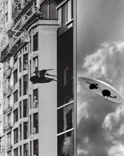 Image similar to john lennon looking out his nyc apartment window to see a ufo slowly flying by, the ufo is a round object, black or grey in the middle with blinking white lights wrapped around it and a red light on top. photorealistic, hyperreal, in the style of the x - files,