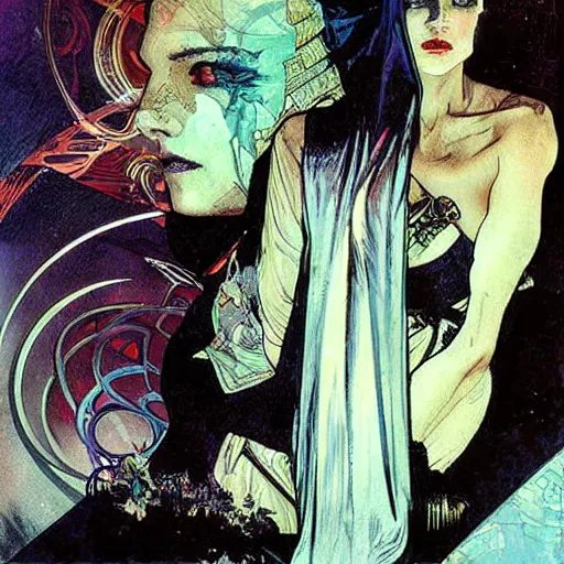 Prompt: cyberpunk dreaming by dave mckean and alphonse mucha and bill sienkiewicz