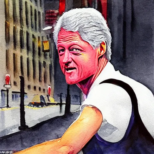 Prompt: bill clinton working on the streets of new york as a hooker, in the style of a watercolor painting