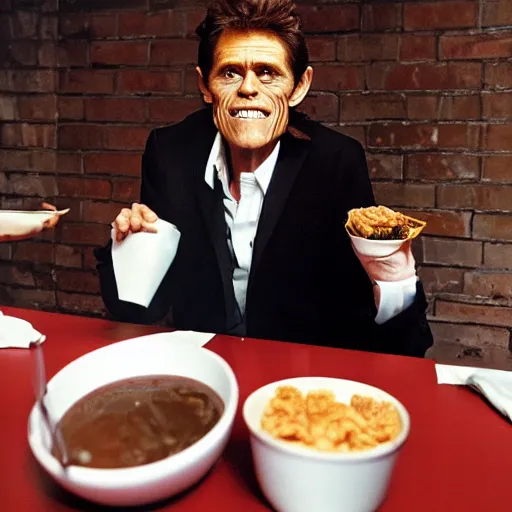 Image similar to Willem Dafoe eating a KFC Famous bowl in the basement at 3am while listening to pink floyd