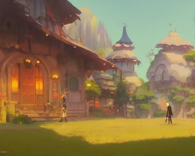 Image similar to fantasy village, cory loftis, james gilleard, atey ghailan, makoto shinkai, goro fujita, studio ghibli, rim light, exquisite lighting, clear focus, very coherent, plain background, soft painting