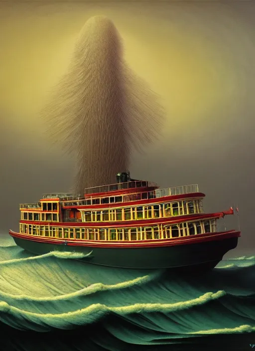 Image similar to hyper detailed 3d render like a Oil painting - the steamboat by Jacek Yerka, Mariusz Lewandowski, Houdini algorithmic generative render, Abstract brush strokes, Masterpiece, Edward Hopper and James Gilleard, Zdzislaw Beksinski, Mark Ryden, Wolfgang Lettl, hints of Yayoi Kasuma, octane render, 8k