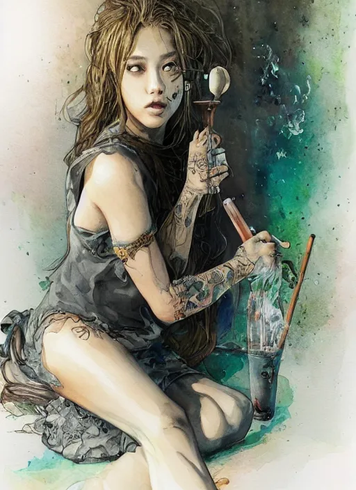 Image similar to portrait, beautiful Stoner hippy girl, sitting down, smoking a magical bong, watercolor, dramatic lighting, cinematic, establishing shot, extremely high detail, foto realistic, cinematic lighting, pen and ink, intricate line drawings, by Yoshitaka Amano, Ruan Jia, Kentaro Miura, Artgerm, post processed, concept art, artstation, matte painting, style by eddie mendoza, raphael lacoste, alex ross