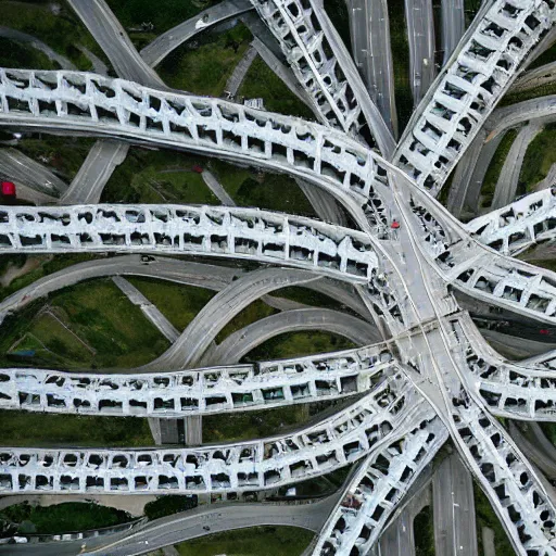 Prompt: aerial view of highway interchanges made of white human bones