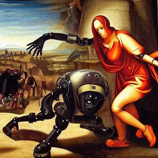 Prompt: a robot cop chases an alien that has stolen a woman's purse down the streets of Manhattan, renaissance painting