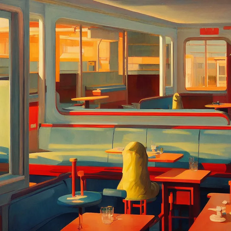 Image similar to inside a diner, painted by Edward Hopper, painted by James Gilleard, airbrush