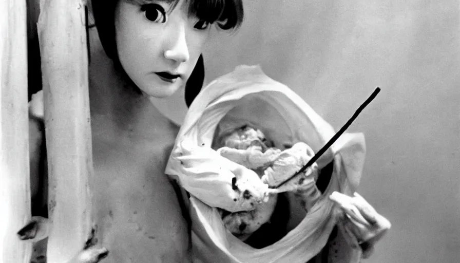 Prompt: 60s movie still of a white japanese female phantom with a bloody foetus stick on the head, eastmancolor, heavy grain, high quality, higly detailed, liminal space