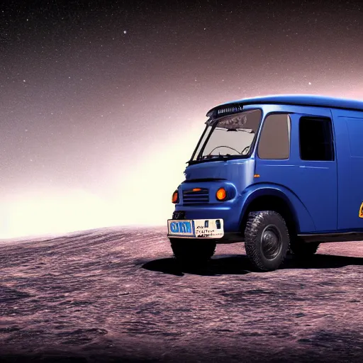 Image similar to a dark blue tuk tuk traveling on the surface of the moon, moon craters, black sky, hard lighting, matte painting, concept art, 4k