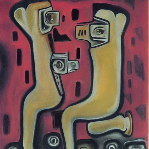 Image similar to Oil painting by Roberto Matta. Two mechanical gods kissing. Oil painting by Marlene Dumas.