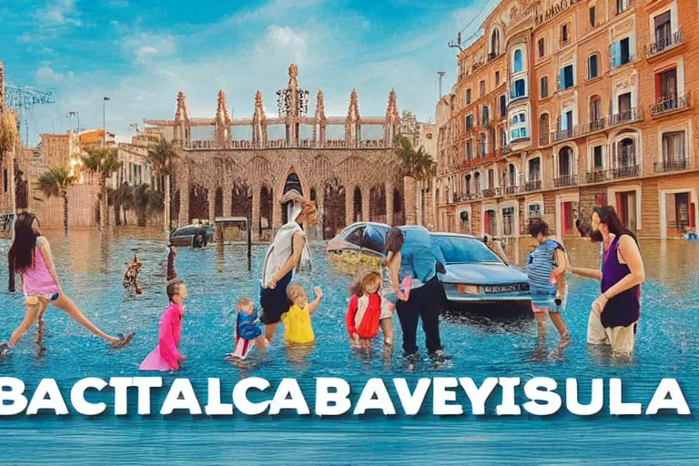 Image similar to touristic brochure of a family visiting a catastrophic barcelona, buildings covered with high water, floating cars, catchy graphic design, photo real