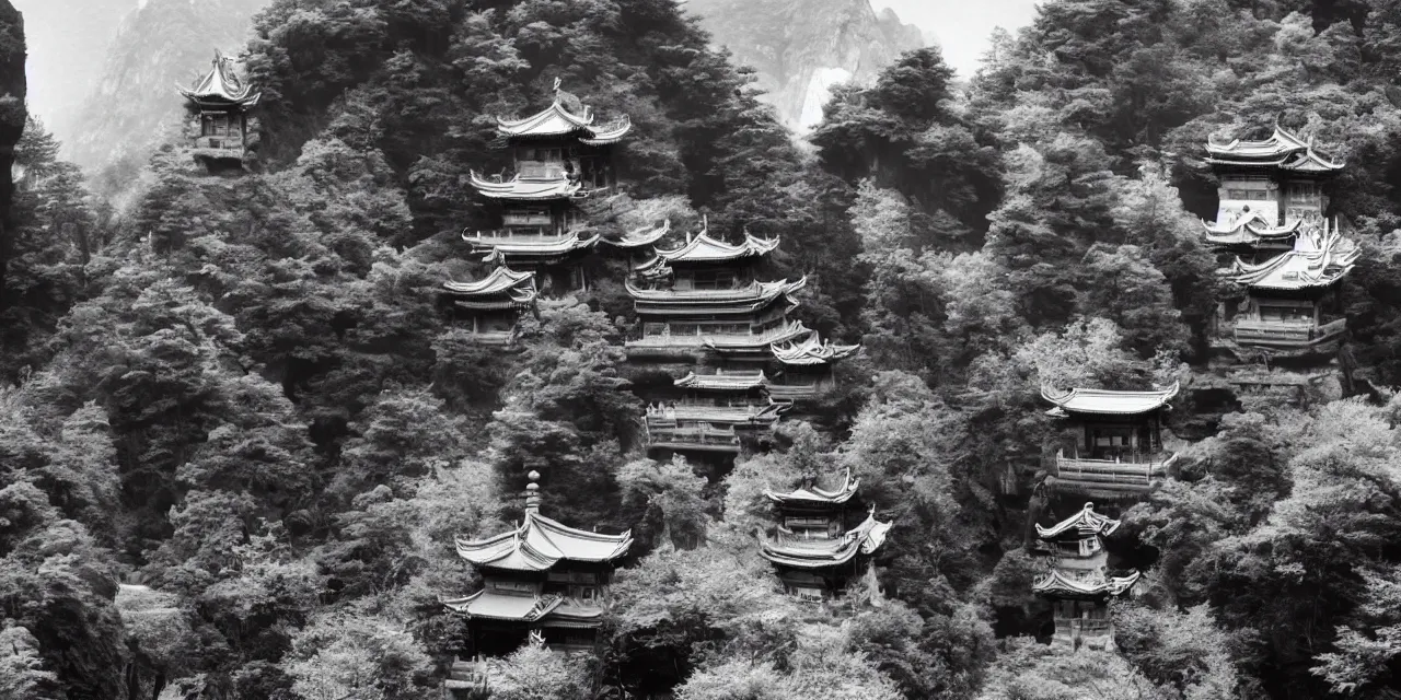 Prompt: the taoist temples of huangshan, masterpiece by ansel adams