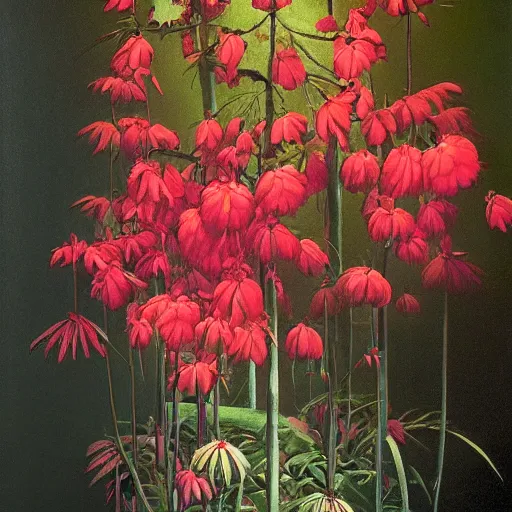 Image similar to a studio portrait of a plant! studio lighting. highly detailed. colourful. moody. by gerald brom and ansel adams and studio ghibli, lovely, sakura flowers