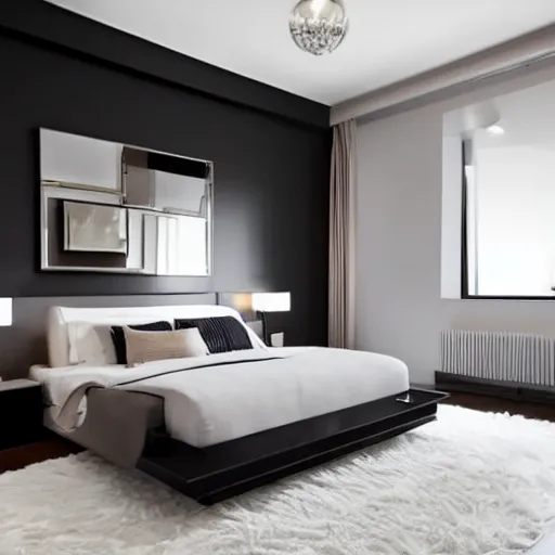 Image similar to a modern minimalist art deco bedroom