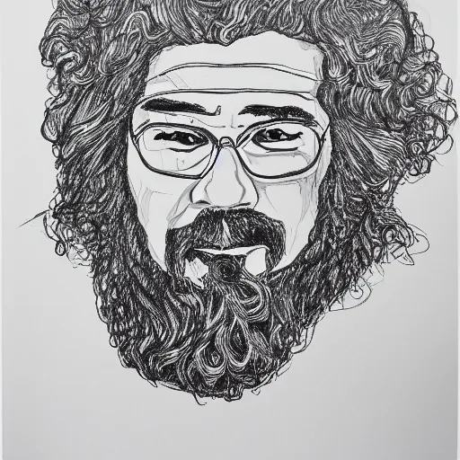 Image similar to continuous single line contour - drawing of jerry garcia, pen on white paper