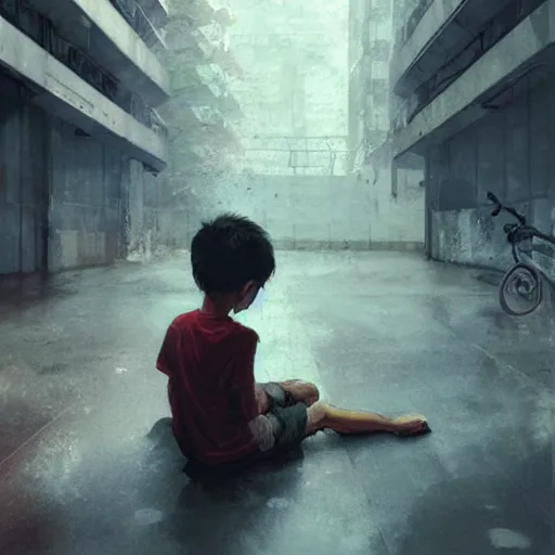 Image similar to a boy playing in a hdb void deck, by greg rutkowski