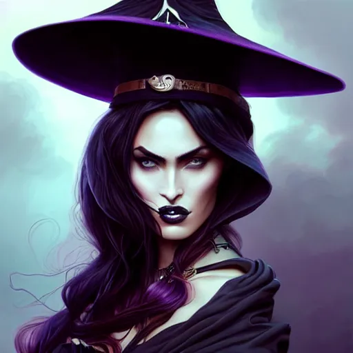 Image similar to an insanely detailed portrait of a beautiful witch that looks like megan fox with long dark purple hair, wearing black witch hat, beautiful expressive detailed eyes, in the style of peter mohrbacher, artgerm, dramatic lighting and composition, octane render, trending on artstation, concept art