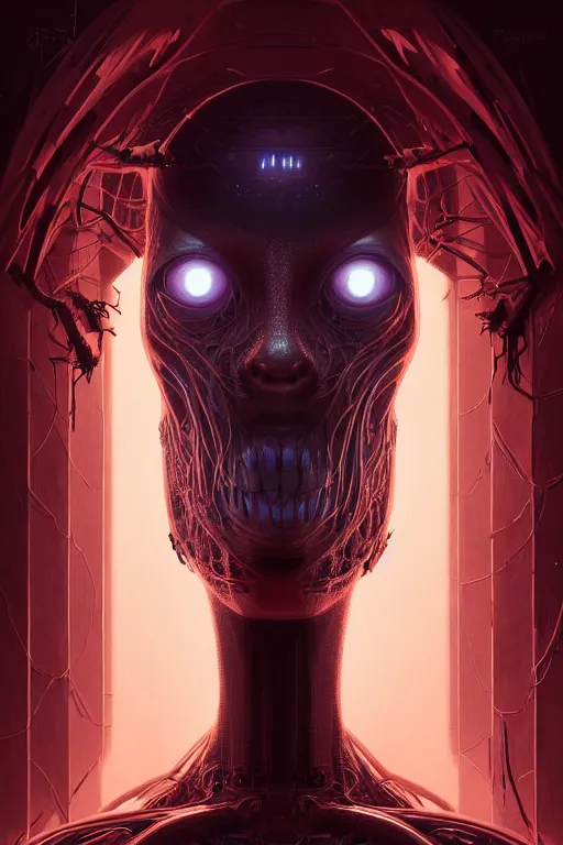 Image similar to professional concept art symmetrical portrait of a horror fractal robotic nightmare species in deep dark room by artgerm and greg rutkowski. an intricate, elegant, highly detailed digital painting, kubism, concept art, smooth, sharp focus, illustration, in the style of cam sykes.