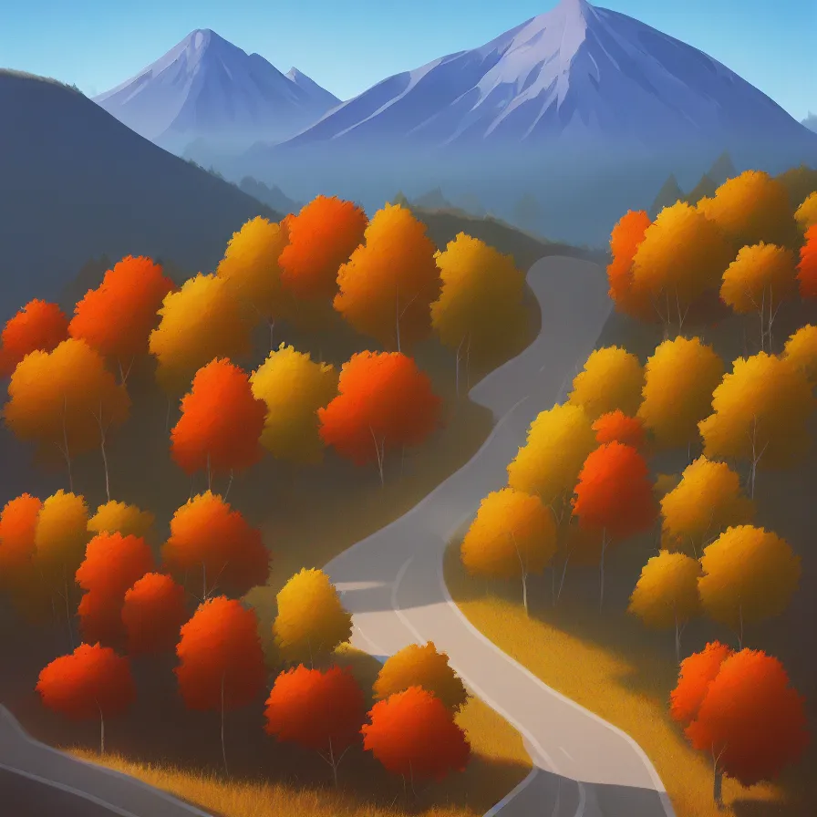 Image similar to goro fujita ilustration distant view of a mountain which is surrounded by a road up the slope. by the roadside are tall autumn trees, painting by goro fujita, sharp focus, highly detailed, artstation