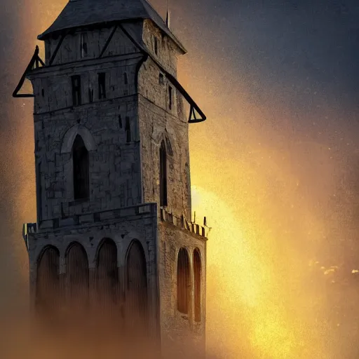 Prompt: A terrified young catholic priest at the top of a medieval tower watching in fear as an ominous yellow shadow descends upon him from the night sky. His face is seen from above. High angle, dramatic lighting. Award-winning digital art, trending on ArtStation