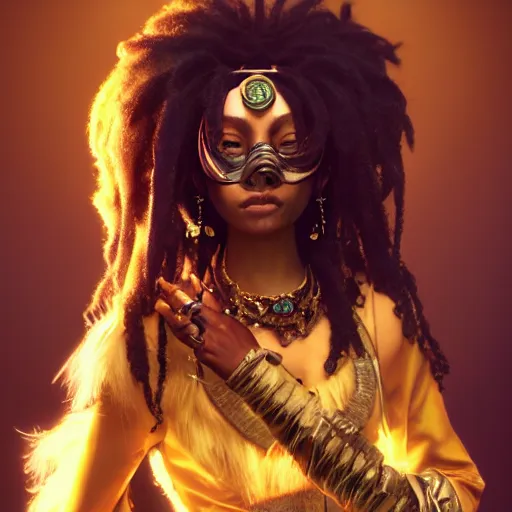 Prompt: the portrait, masked swahili female violinist, exotic costumes, gold jewelry, black dreads hair ， illustration by wenjun lin, irakli nadar, bright colors, octopath traveler, wenjun lin, unreal engine 5 highly rendered, global illumination, radiant light, detailed and intricate environment