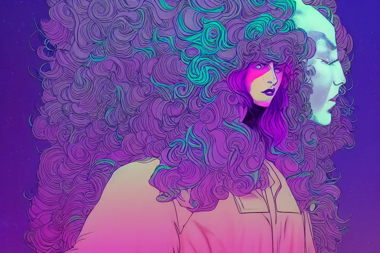 Image similar to cell shaded, muted vaporwave ombre. double exposure, replicant druid of creativity, flowing hair, beautiful character fashion design, by josan gonzalez, shag, nagel, and paul lehr and david heskin and seb mckinnon and jared s. merantz and alex grey, hi - fructose, 8 k, digital matte painting