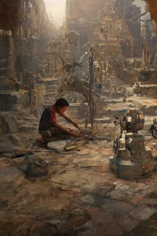 Image similar to an ancient Aztec!!! boy fixing his Aztec!! robot!, part by Craig Mullins, part by Greg Rutkowski , part by Mattias Adolfsson, volumetric lighting!!, oil on canvas