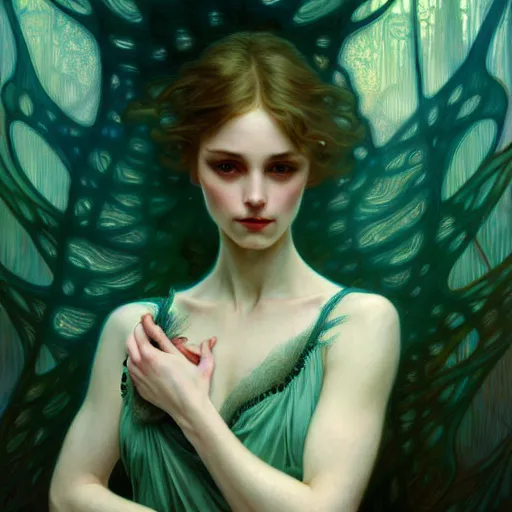 Image similar to pale teal, fantasy, intricate, elegant, dramatic lighting, emotionally evoking symbolic metaphor, highly detailed, lifelike, photorealistic, digital painting, artstation, concept art, smooth, sharp focus, illustration, art by John Collier and Albert Aublet and Krenz Cushart and Artem Demura and Alphonse Mucha