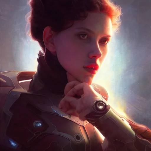 Image similar to young Scarlett Johansson cyborg from another dimension, cinematic lighting, intricate, elegant, highly detailed, digital painting, artstation, sharp focus, illustration, art by artgerm and greg rutkowski and alphonse mucha and Wayne Barlowe and william-adolphe bouguereau