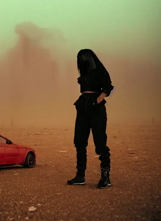 Image similar to cinestill 5 0 d photographic portrait of two loving female androids wearing rugged black techwear on a desolate plain with a red sky, extreme closeup, lizard on ground, cyberpunk style, in front of a brutalist dark metal facility, dust storm, 3 5 mm, 8 k, hd, f / 3 2, high resolution, ultra realistic faces