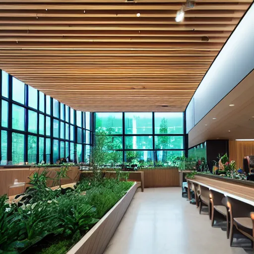 Image similar to interior photography of a Microsoft Samsung flagship store, wood, polished concrete, spotlights, verdant plants, water feature, retaildesignblog, dezeen, 14mm, 8k, cinestill, pentax, film