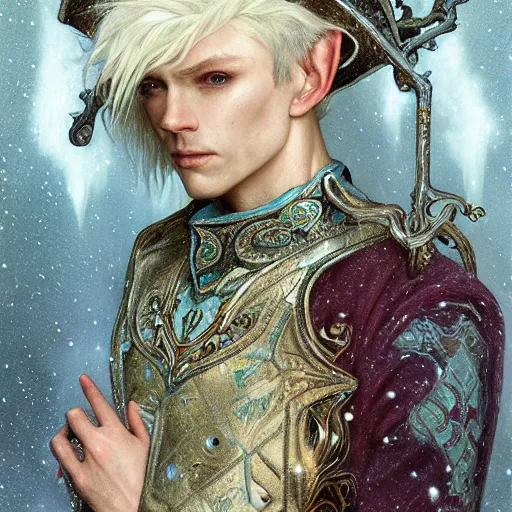 Image similar to a close - up portrait of an androgynous handsome male snow elf in a turquoise cape and silver armour, albino skin, winter vibes, elegant, very coherent symmetrical artwork, by tomasz alen kopera and alphonse mucha and charlie bowater, photorealistic